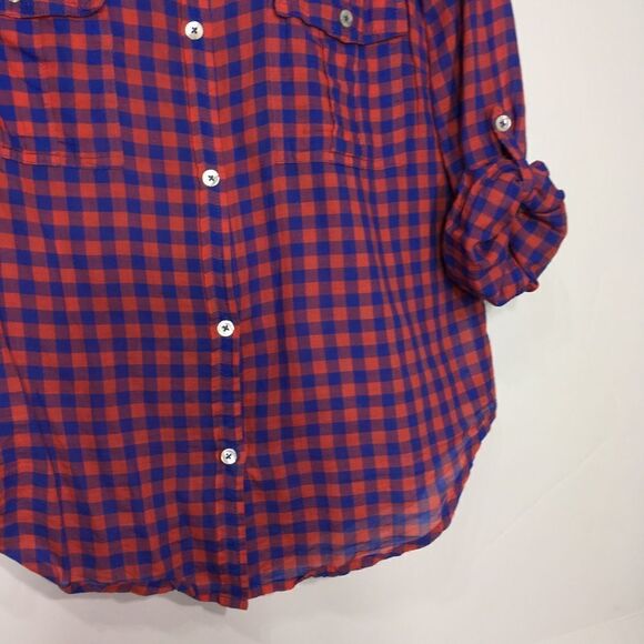 ROOTS CANADA RED/BLUE CHECKERED BUTTON UP LONG SLEEVE LIGHTWEIGHT SHIRT MEDIUM - Picture 4 of 10